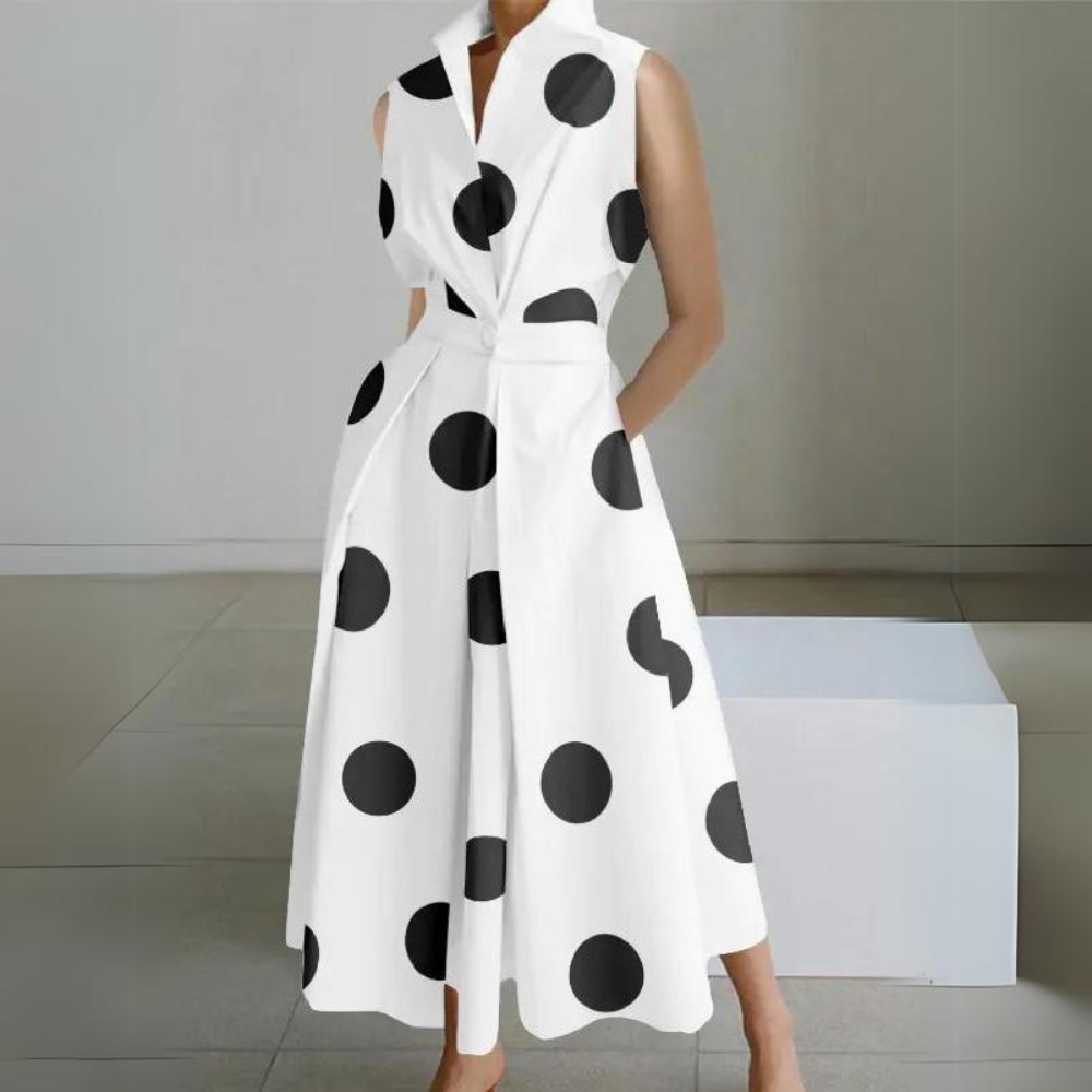 Sleeveless Polka Dot Midi Dress Élara, view 2 - Elena Harper
