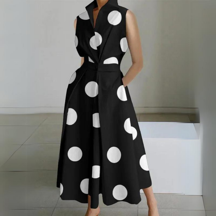 Sleeveless Polka Dot Midi Dress Élara, view 3 - Elena Harper