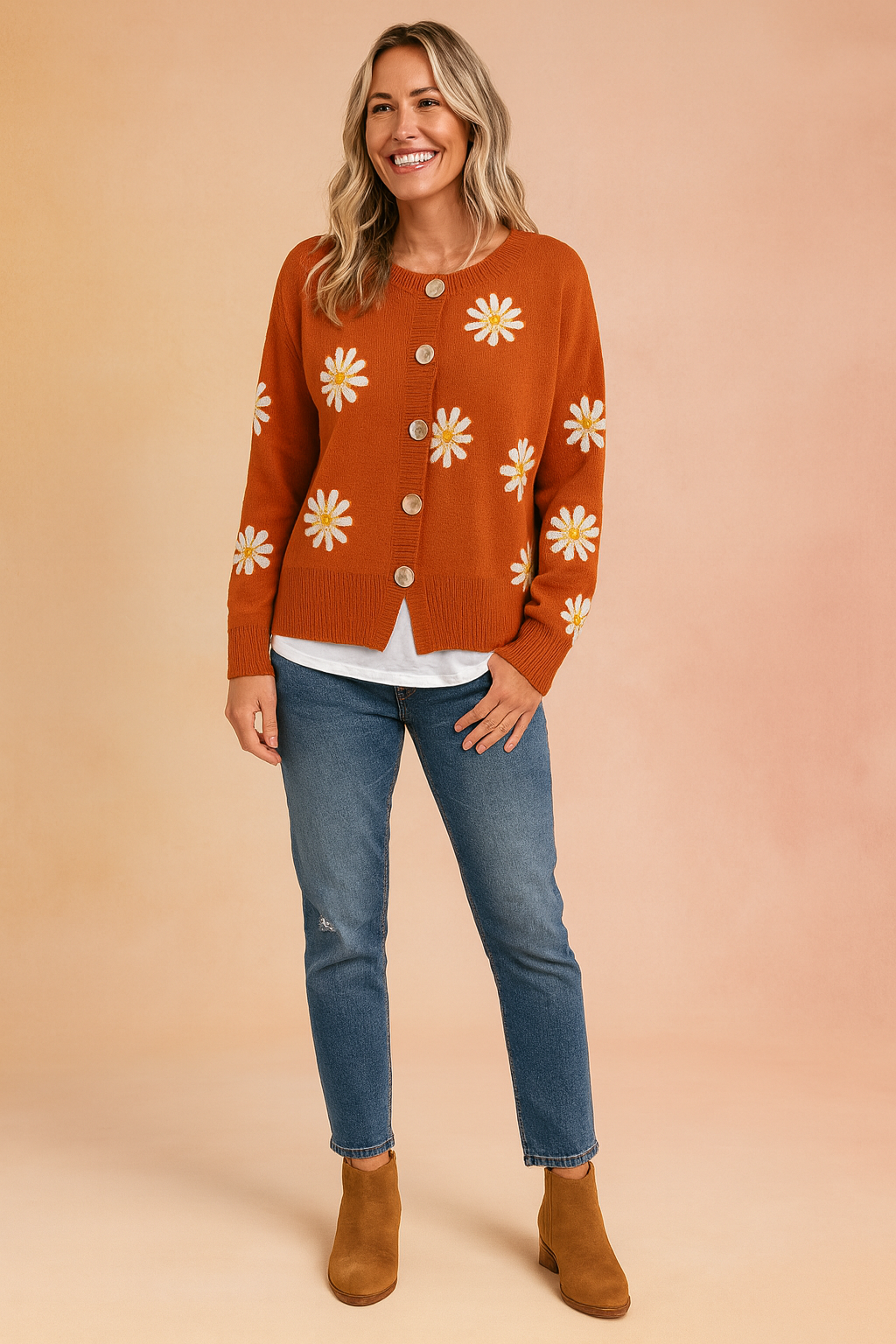 Zofia Floral pattern cardigan with buttons, view 2 - Elena Harper
