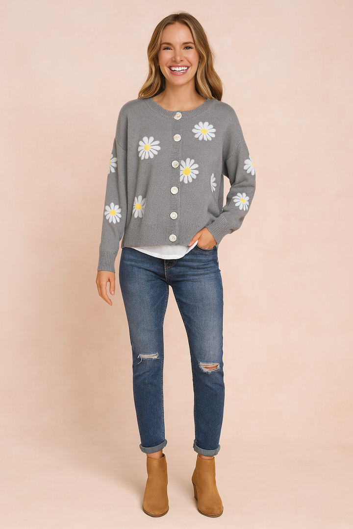 Zofia Floral pattern cardigan with buttons, view 5 - Elena Harper