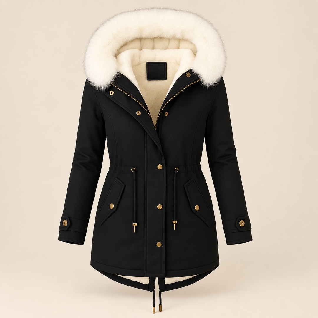 Long women's parka with fur-lined hood and adjustable waist