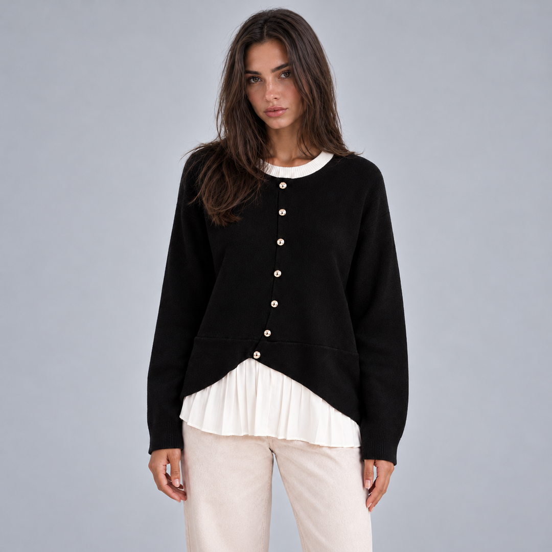 Montarello Women's Layered Knit Cardigan with Pleated Hem, Button Front