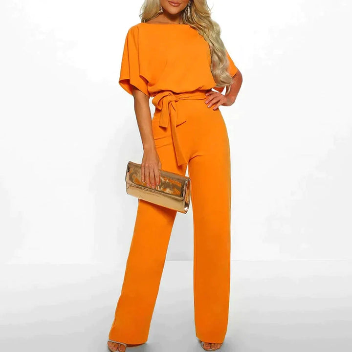 Elegant belted short-sleeve jumpsuit with wide legs for women – Flattering and chic lightweight one-piece outfit