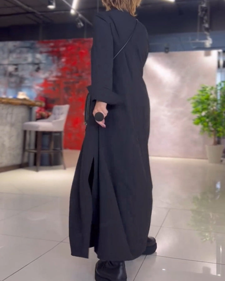 Long Soft Autumn Dress with Notched Collar and Side Slit