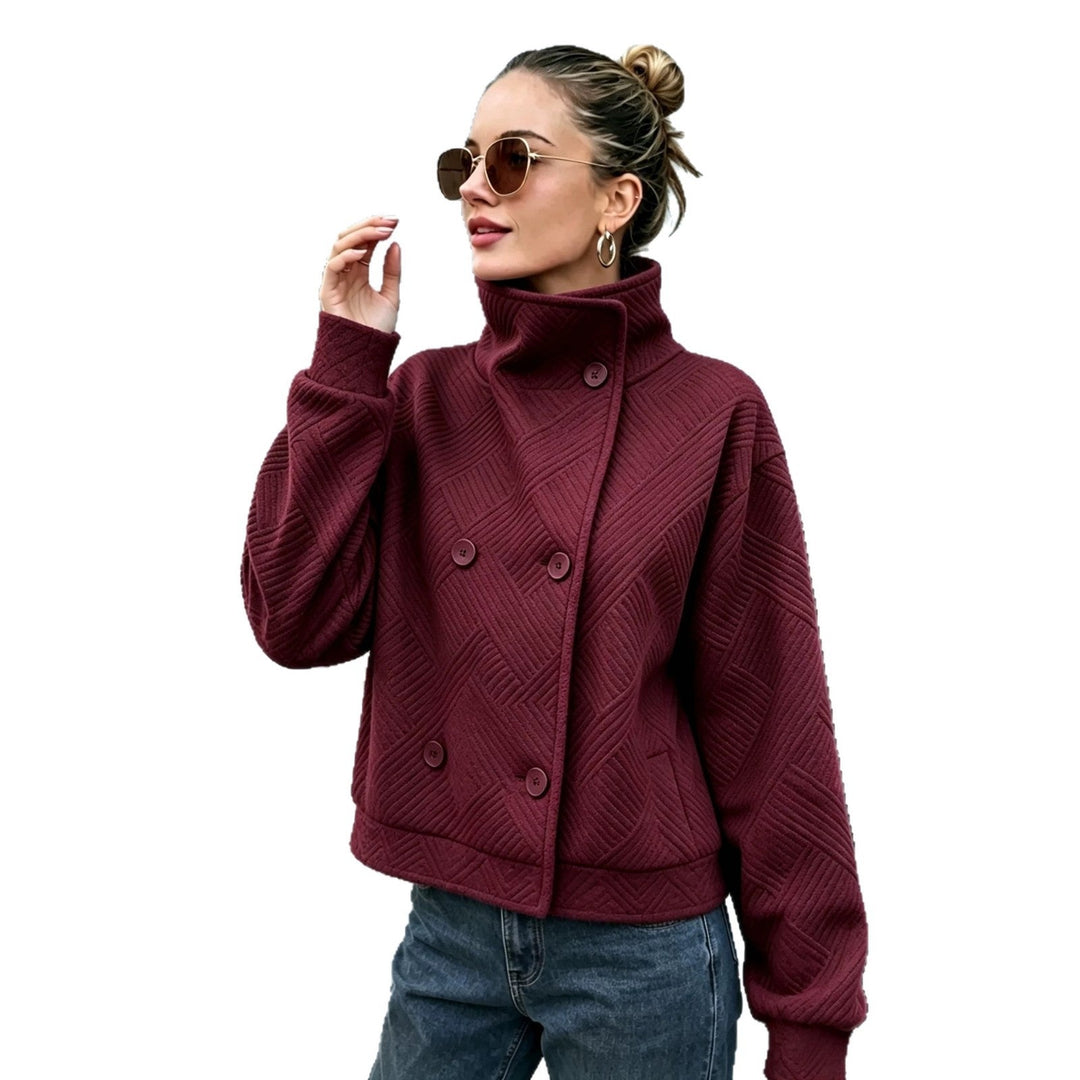 Double-breasted women's coat with high collar - Elegant and warm