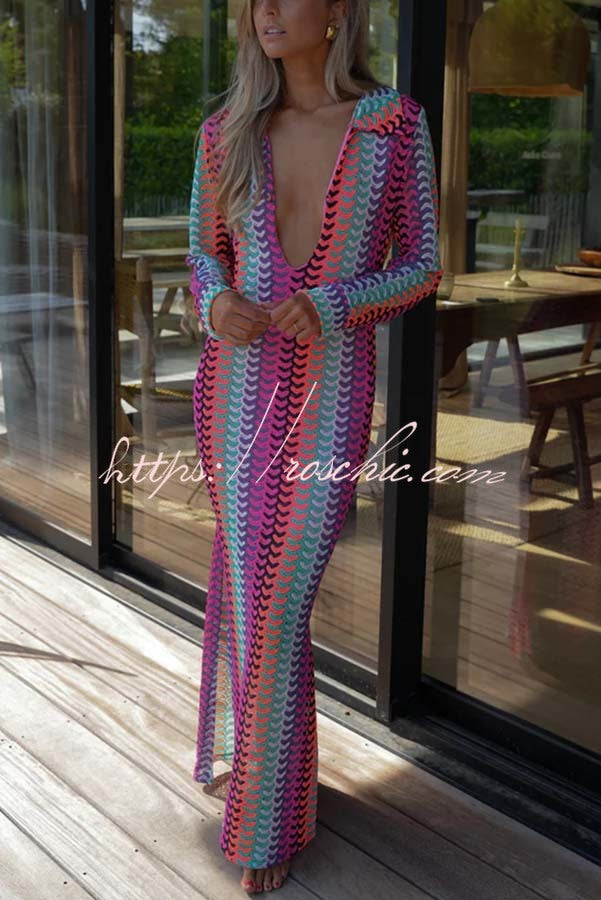 Eleanor Knit Colorful Wave Unique Print Shirt U-neck Long Sleeve Slit Maxi Dress