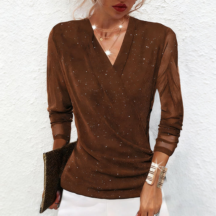 Ladies Glitter Top with V-Neck and Long Sleeves