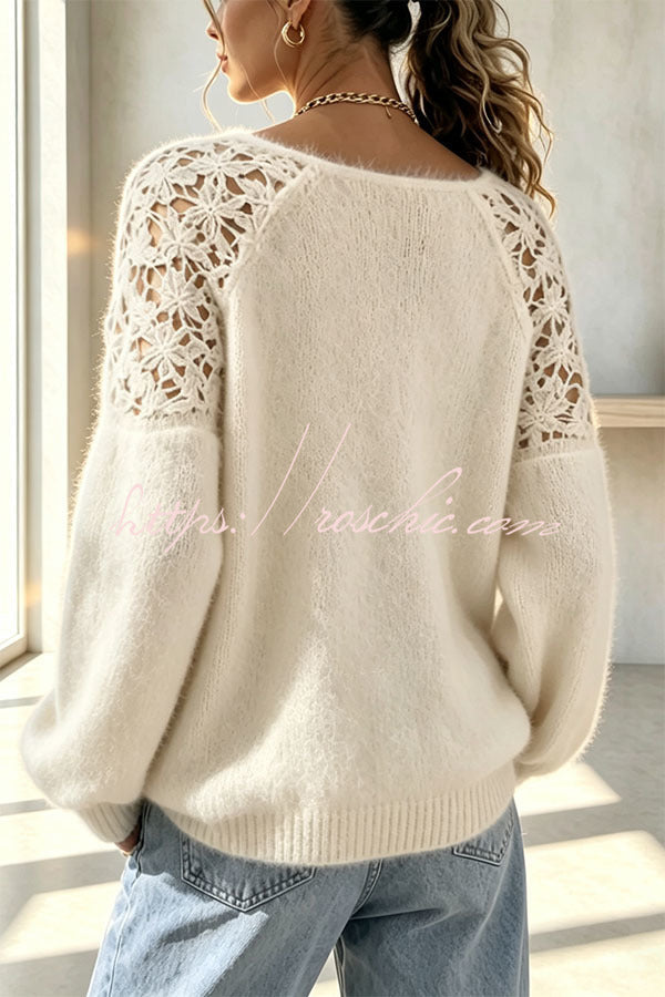 Faux Mink Knit Crochet Flowers Shoulder Wide Neck Long Sleeve Loose Sweater, view 10 - Elena Harper