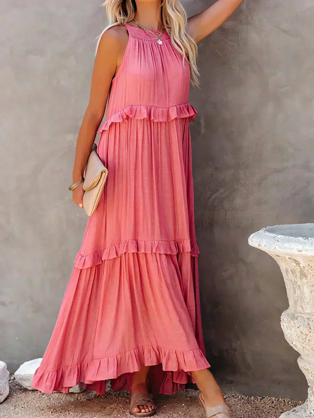 Delilah Elegant Halter Neck Ruffle Trim Dress - Elena Harper