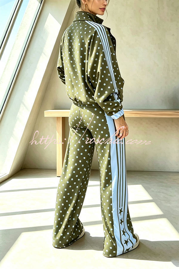 Lucienne Polka Dot Striped Star Print Zipper High Neck Pocket Sporty Jacket