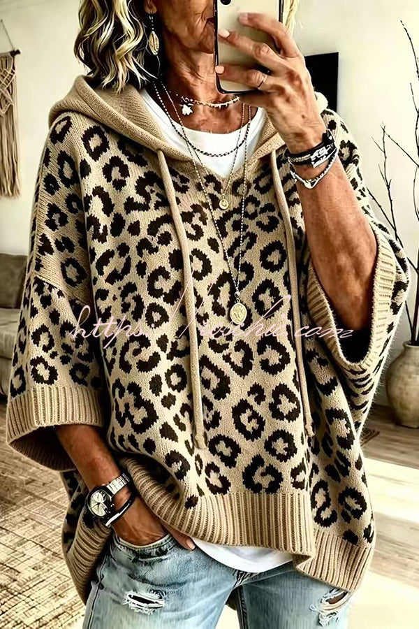 Comfortable and Casual Knit Leopard Print Half Sleeve Hoodie Sweater