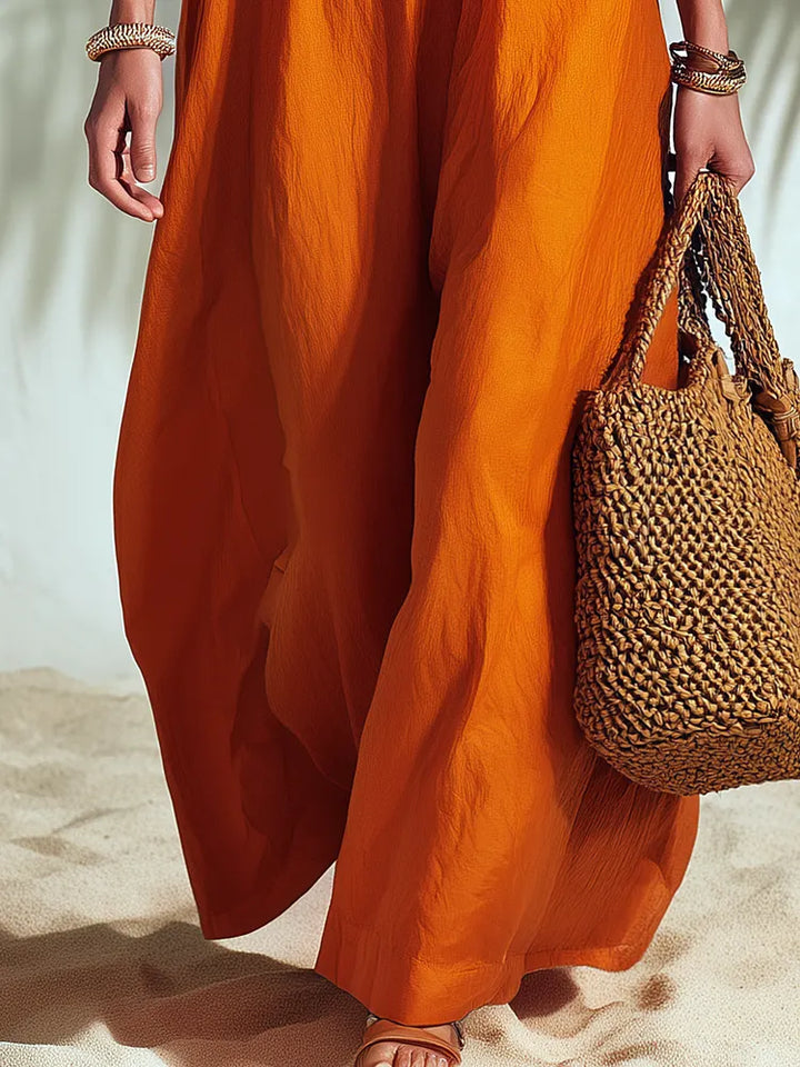 Resort-style Sleeveless U-neck Solid Color Long Dress