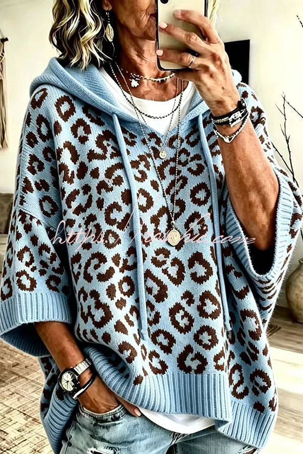 Comfortable and Casual Knit Leopard Print Half Sleeve Hoodie Sweater