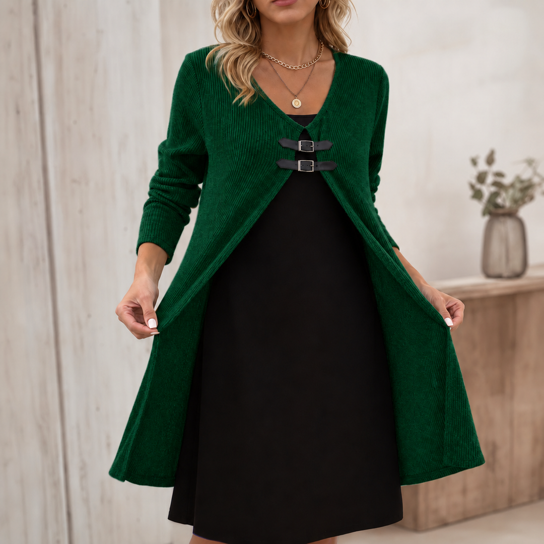 Duetta Faux Two-Piece Buckle-Accent Ribbed A-Line Dress - Elena Harper