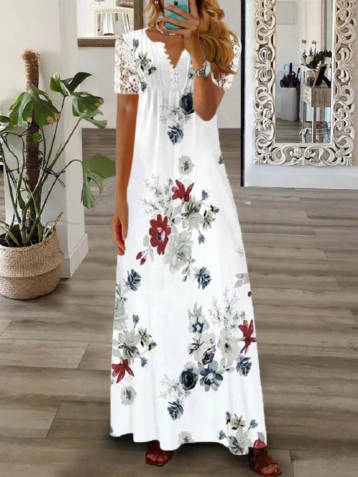 Carissa Short Sleeve Dress with Lace Print, view 5 - Elena Harper