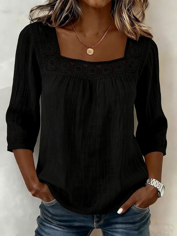 Women's Cotton and Linen Blouse with Square Neckline and Refined Lace