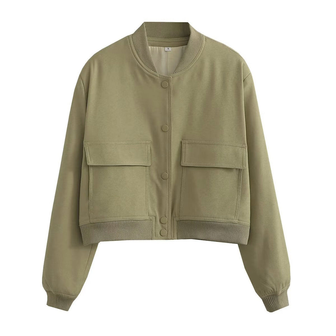 Women's Autumn Bomber Jacket with Front Pockets and Solid Color Design