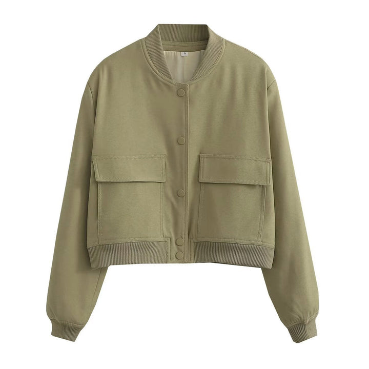Women's Autumn Bomber Jacket with Front Pockets and Solid Color Design