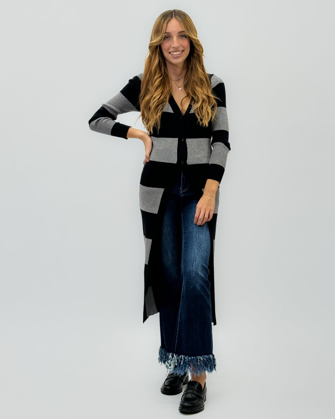 Emma & Rose long striped knit cardigan — women's knitwear