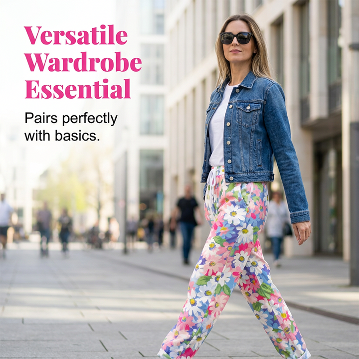 Women's Floral Pants with Adjustable Waist and Convenient Pockets
