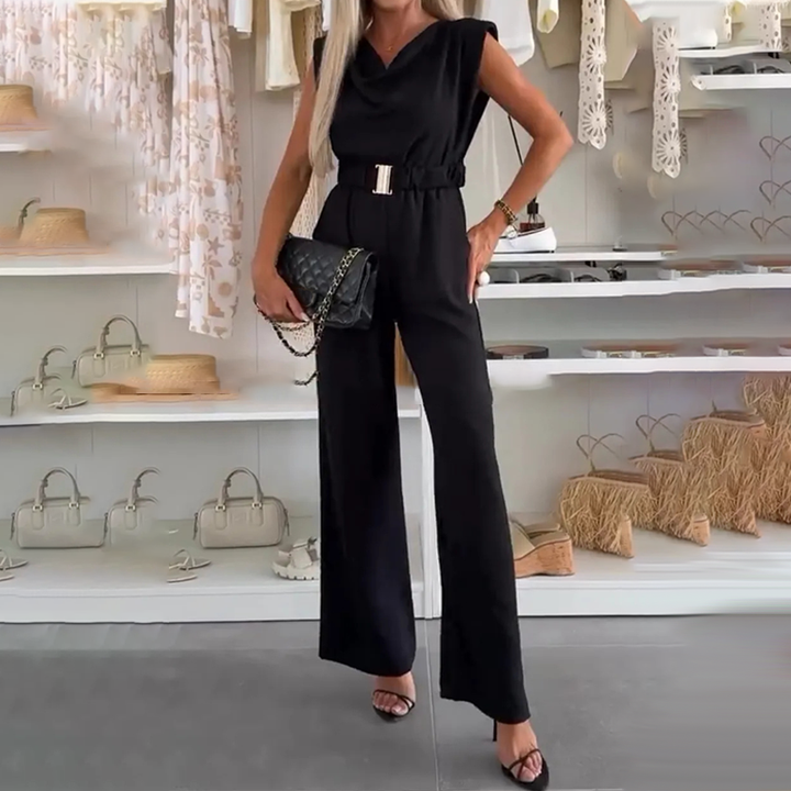 Sleeveless Women's Jumpsuit with Draped Neckline and Elastic Waist Elegant, view 2 - Elena Harper