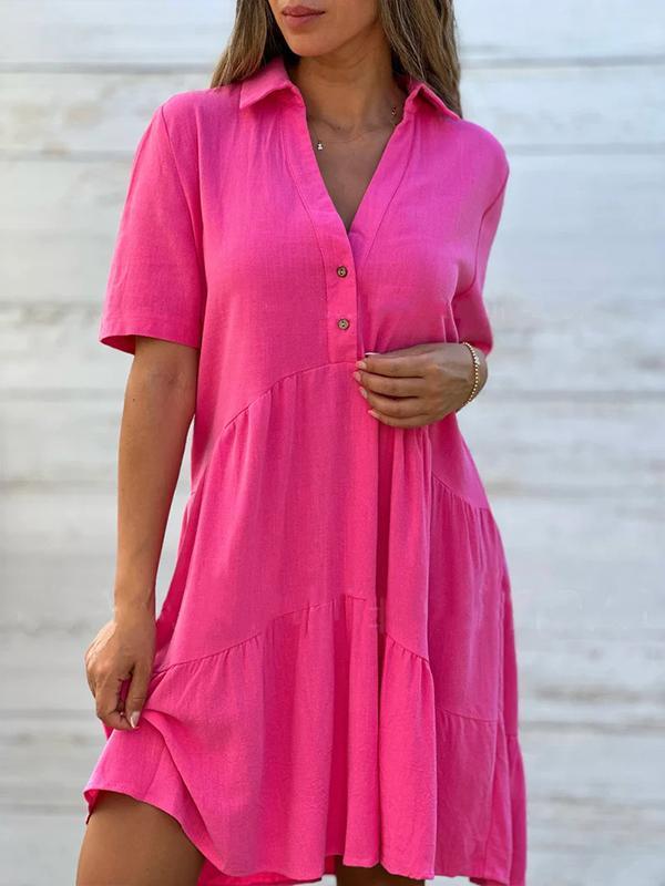 Short Women's Linen Cotton Dress Loose Fit V-Neck Buttoned Summer, view 3 - Elena Harper