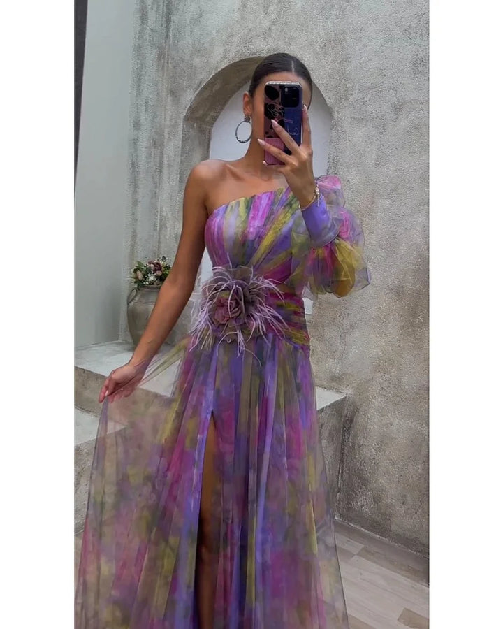 Cecelia Elegant Dress with Asymmetrical Sleeve and Opening, view 4 - Elena Harper