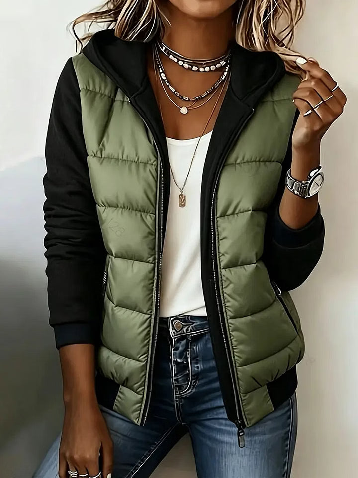 Women's Quilted Jacket with Hood and Contrast Sleeves