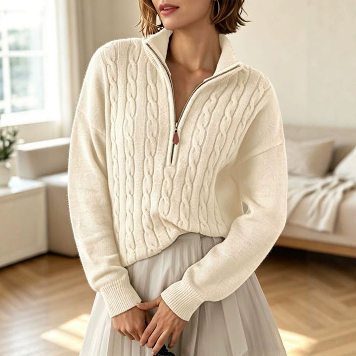 Women's Half-Zip Sweater with High Collar - Retro and Comfortable