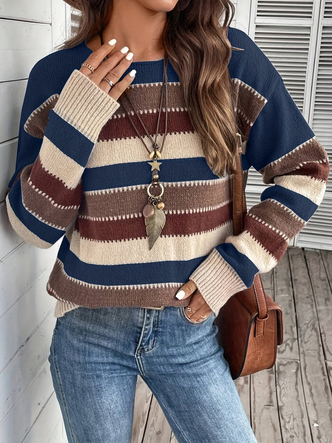 Women's Striped Knit Sweater with Round Neck