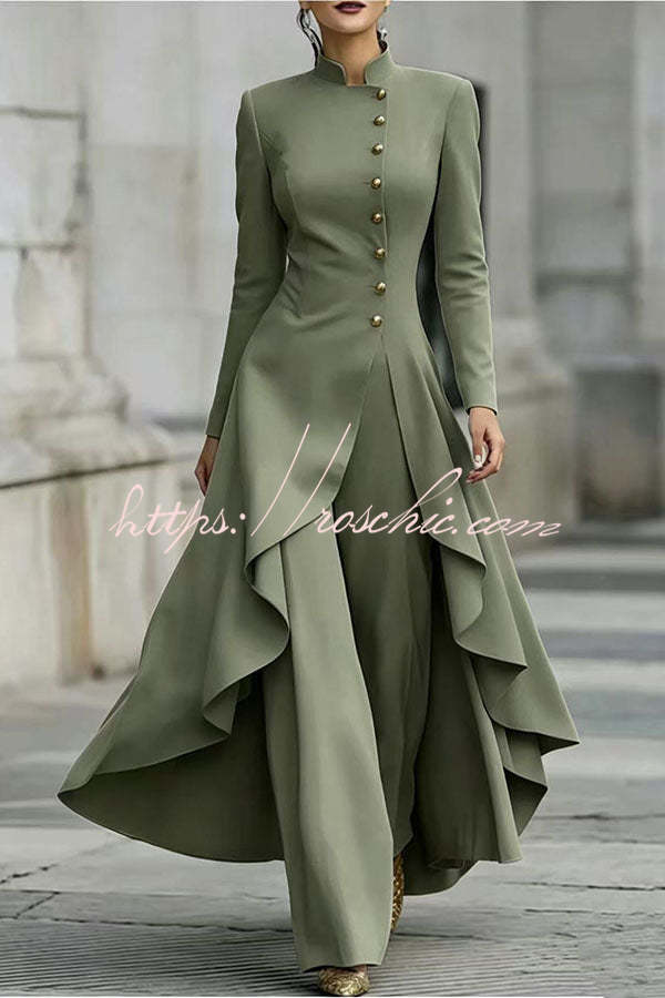 Jemma Stand Neck Long Sleeve Button High Low Hem Top and Wide Leg Pants Set (Shipped Within 24 Hours)