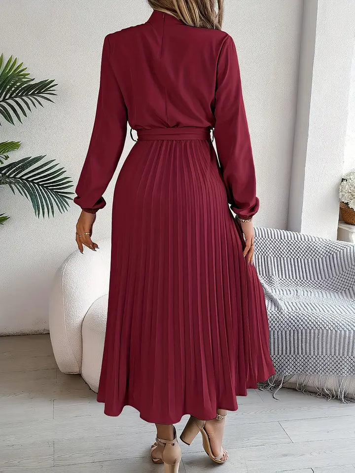Women's Elegant Long-Sleeve Belted Midi Dress
