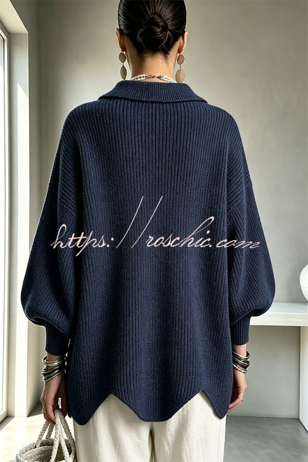 Shelia Knit Oversized Metal Buckle Balloon Sleeve Lapel Cardigan (Shipped Within 24 Hours)