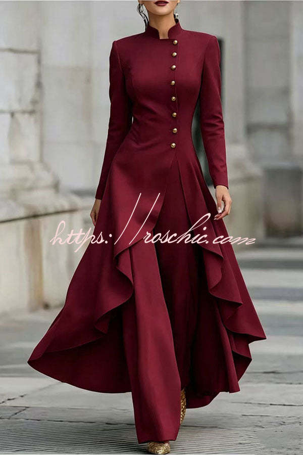 Jemma Stand Neck Long Sleeve Button High Low Hem Top and Wide Leg Pants Set (Shipped Within 24 Hours)