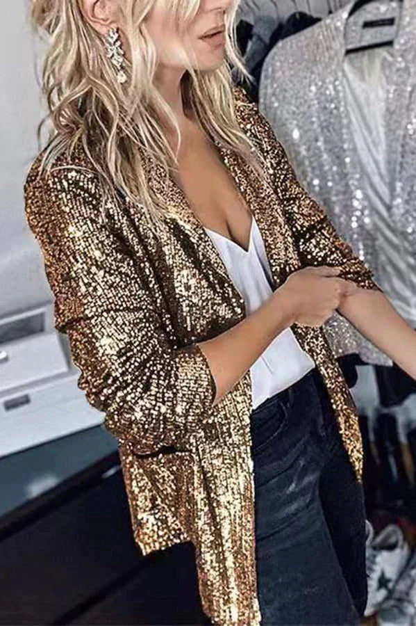 Women's Glamorous Sequin Lapel Blazer - Sparkle & Style