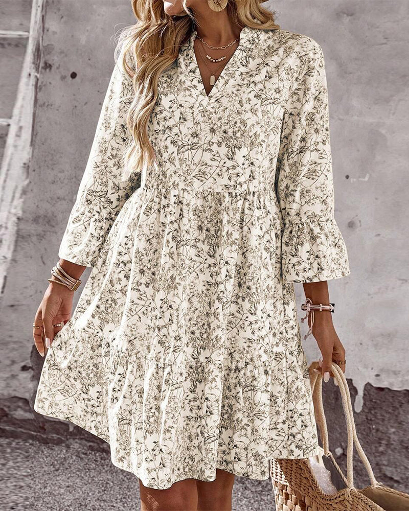 Spring Women's A-Line Dress with High Neck, Ruffled Sleeves, Floral Print, view 3 - Elena Harper