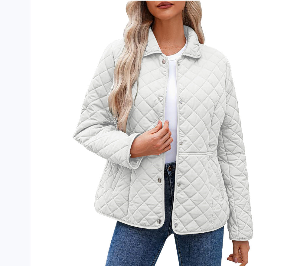 Women's Solid Quilted Jacket – Casual Style with Warm Notched Collar