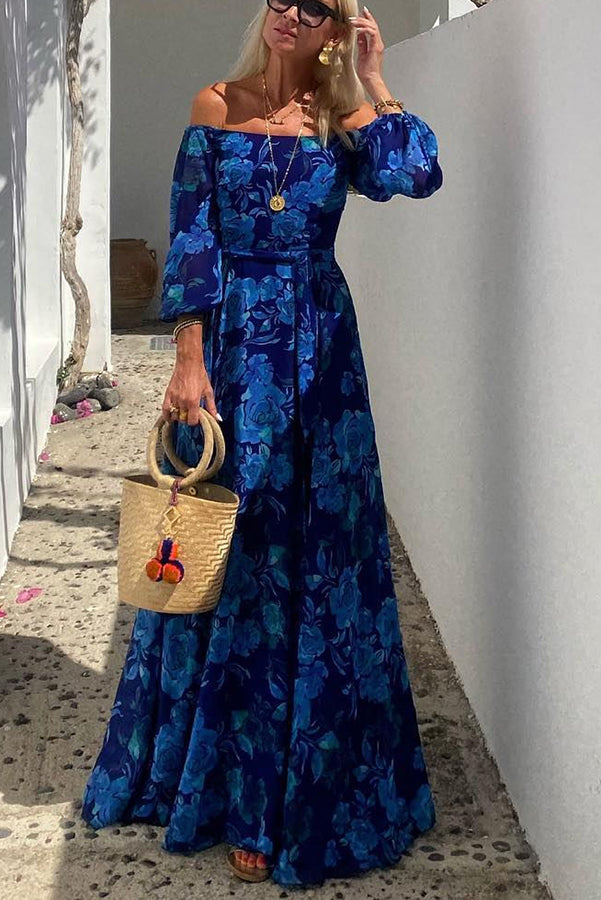Francesca Long Dress with Floral Print and Off-Shoulder Sleeves - Elena Harper