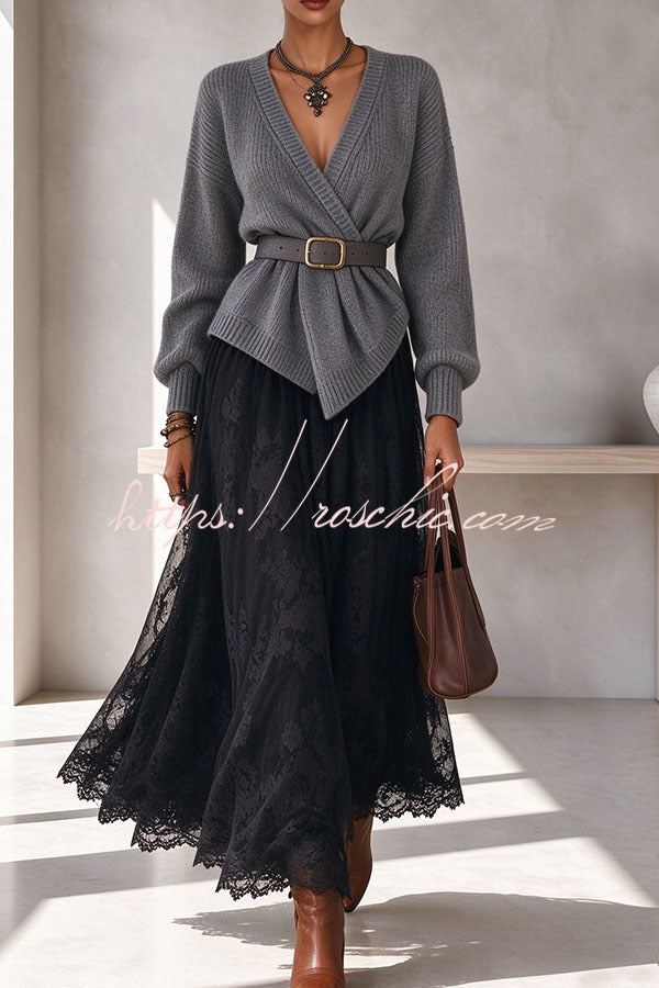 Exquisite Lace High Rise Elastic Waist A-line Maxi Skirt