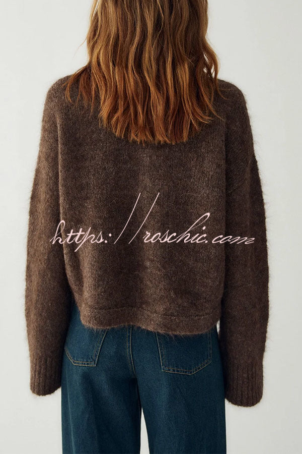 Martina Solid Color Knit High Neck Button Long Sleeve Wave Hem Crop Cardigan