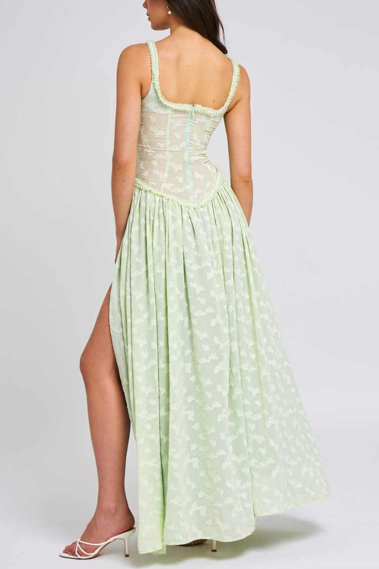 Ulissa- Soft Green Jacquard High Slit Square Neck Maxi Dress, view 6 - Elena Harper