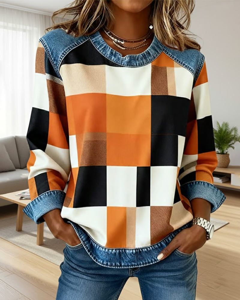 Oriane Sweatshirt with Checkered Patchwork and Contrasting Color - Elena Harper