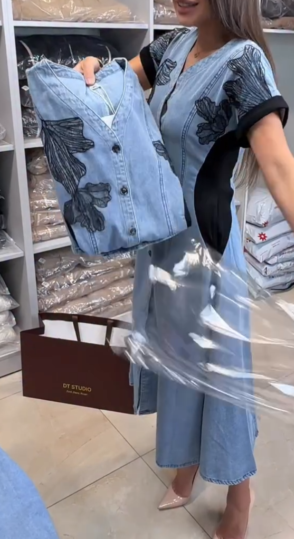 Vharina Embroidered Denim Maxi Dress with Contrast Inserts, view 3 - Elena Harper