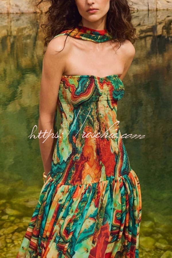Vacay Vibes Colorful Lava Print Off Shoulder Smocked Scarf Maxi Dress
