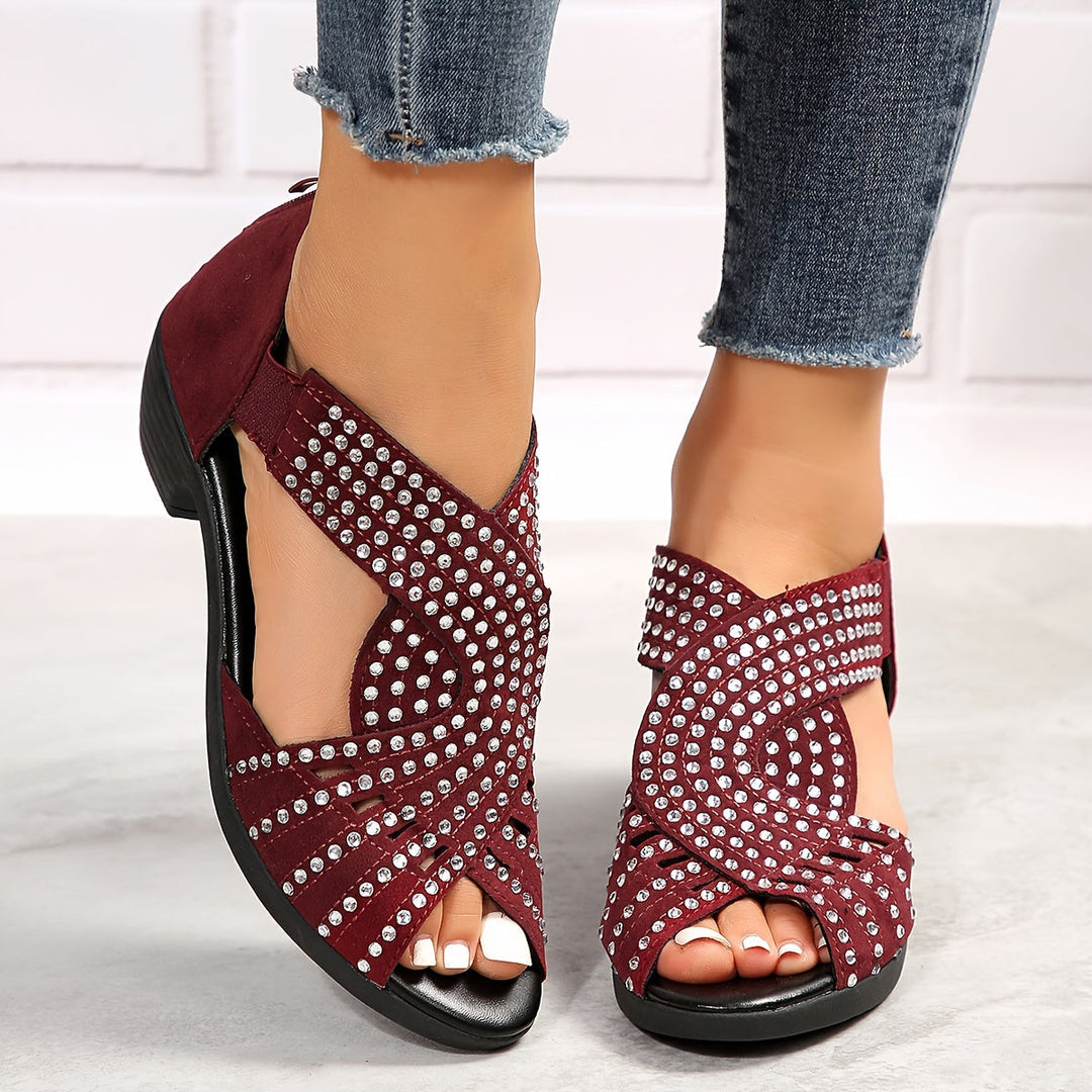 Denuta Open-Toe Wedge Sandals with Rhinestones, view 4 - Elena Harper