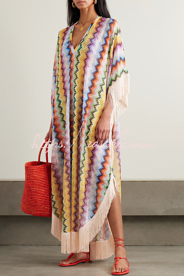 Mezcal Knit Colorful Zigzag Pattern Tassle Trim Loose Kaftan Maxi Dress