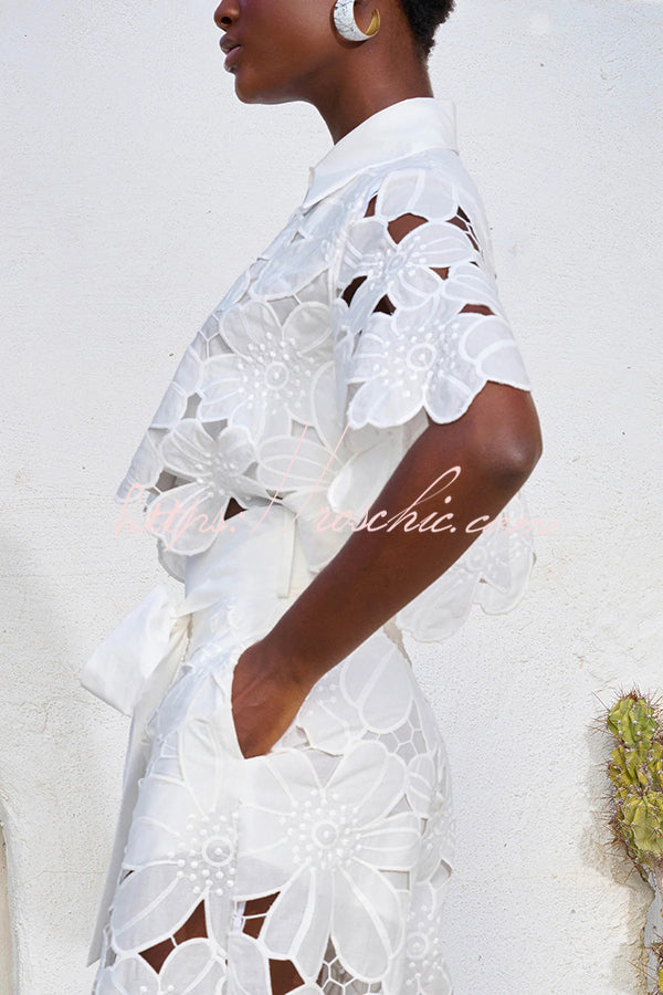 Redefining Elegance Floral Lace Cropped Shirt and Belt Pocketed Wide Leg Pants Set, view 8 - Elena Harper