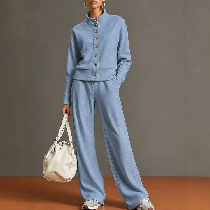 Cardigan with High Collar and Wide Pants Chic and Comfortable, view 2 - Elena Harper
