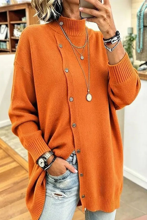 Warm Season Knit Turtleneck Button-down Long Sleeve Loose Sweater