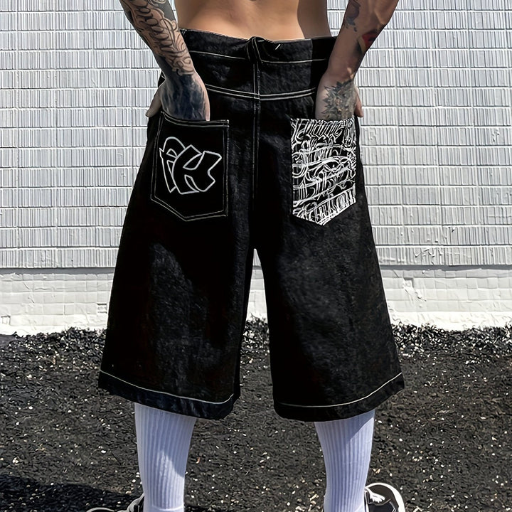 Casual Denim Bermuda Shorts – Loose Fit with Elegant Floral Embroidery